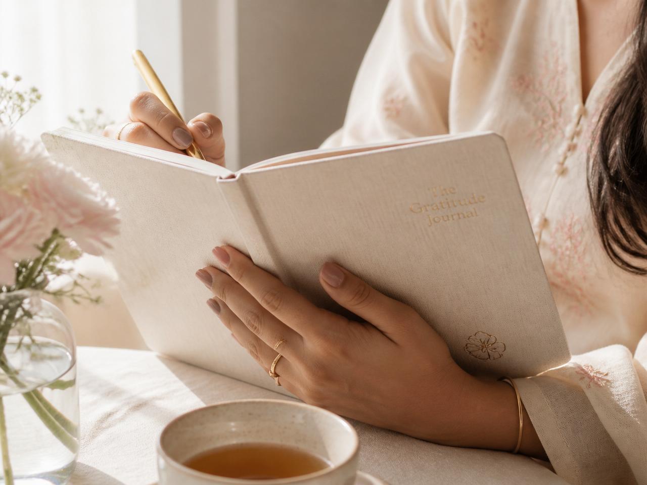 A woman writing in a gratitude journal at a sunlit table