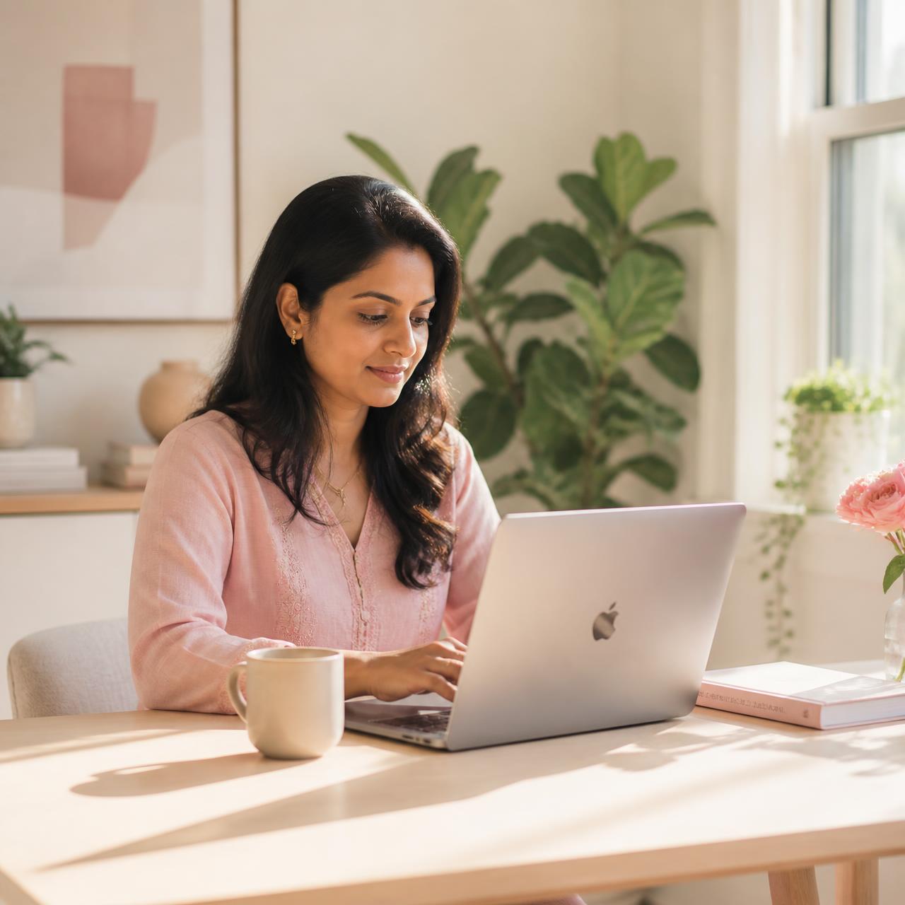 A mother working peacefully from home with a cup of tea